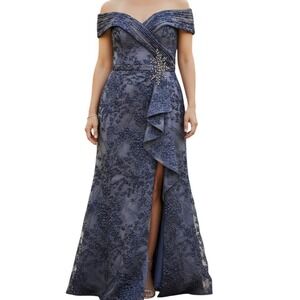 Montage by Mon Cheri Slate Blue Beaded Lace Off Shoulder MOB Formal Gown Size12